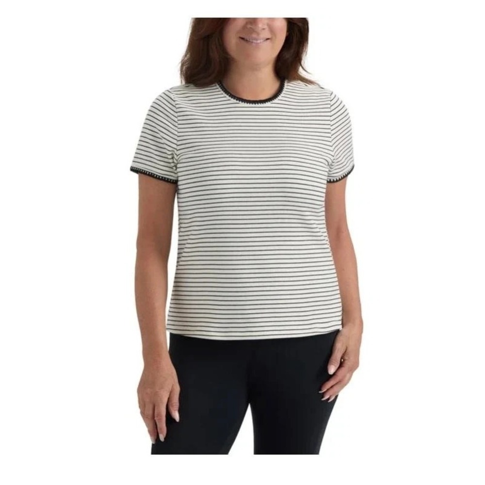 Teddi Rose Women's Top, Short Sleeve Crewneck, Black/White Stripes, Large, New